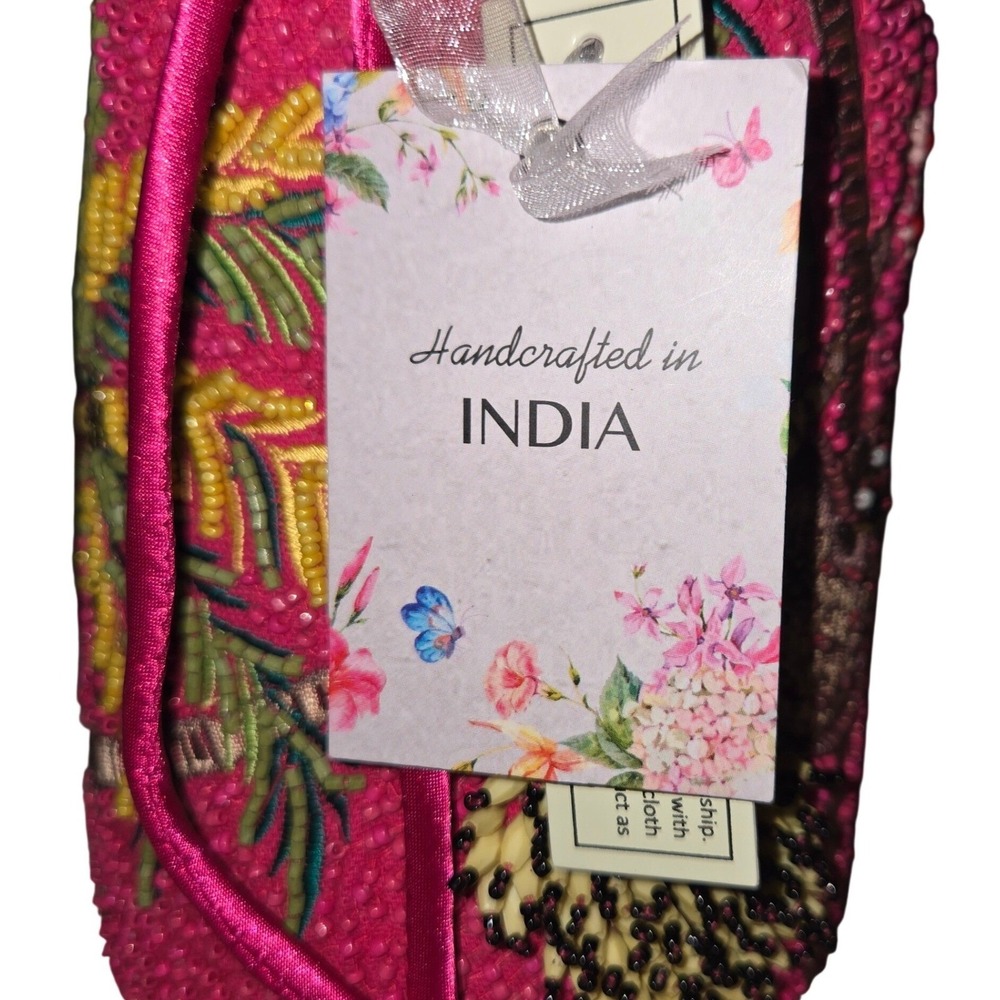 Handcrafted in India Beaded Parrot Sloth Bucket Bag Small Pink New Tropical Boho - Picture 10 of 10